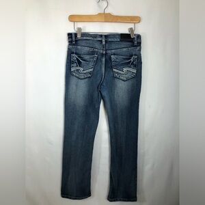 Girls Silver Jeans. 30/26. Has adjustable elastic band waist .